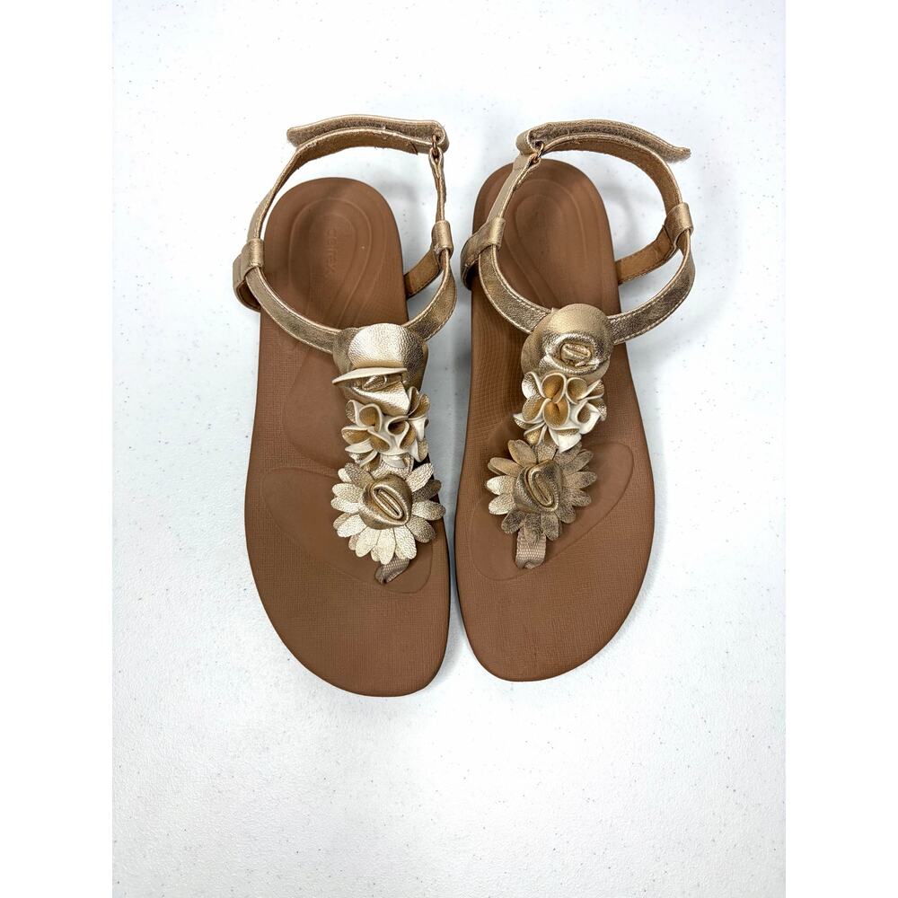 Aetrex Charli Orthotic Thong Sandal US 7/EU 37 Gold Floral Comfort Beach Resort